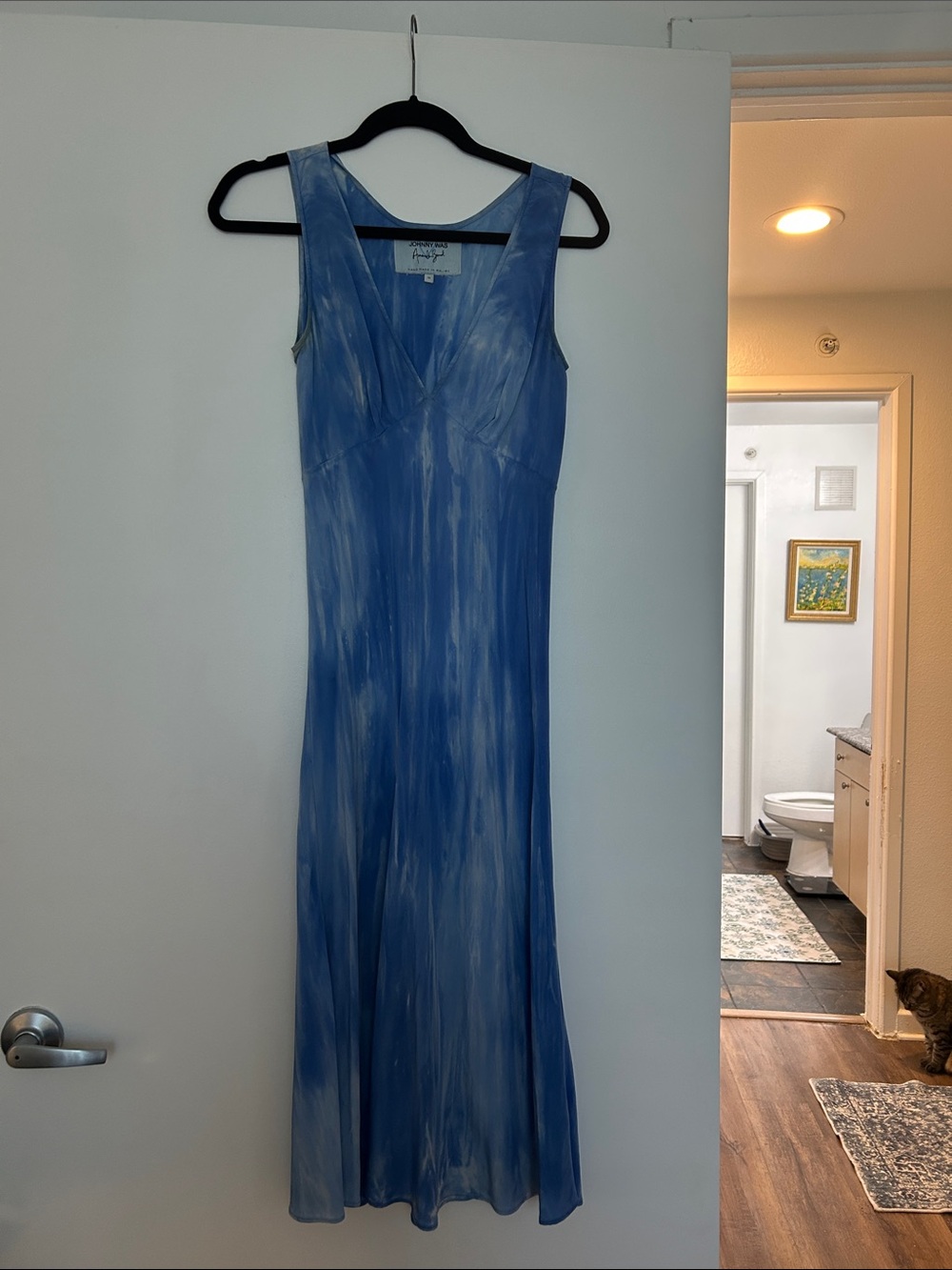 Johnny Was Blue Silk Tie-Dye V-Neck Maxi Dress